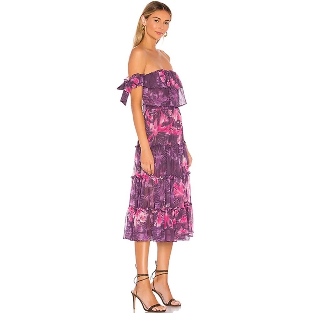 MISA Los Angeles Micaela Dress in Purple Pink Floral Off The Shoulder Ruffle - Picture 2 of 12